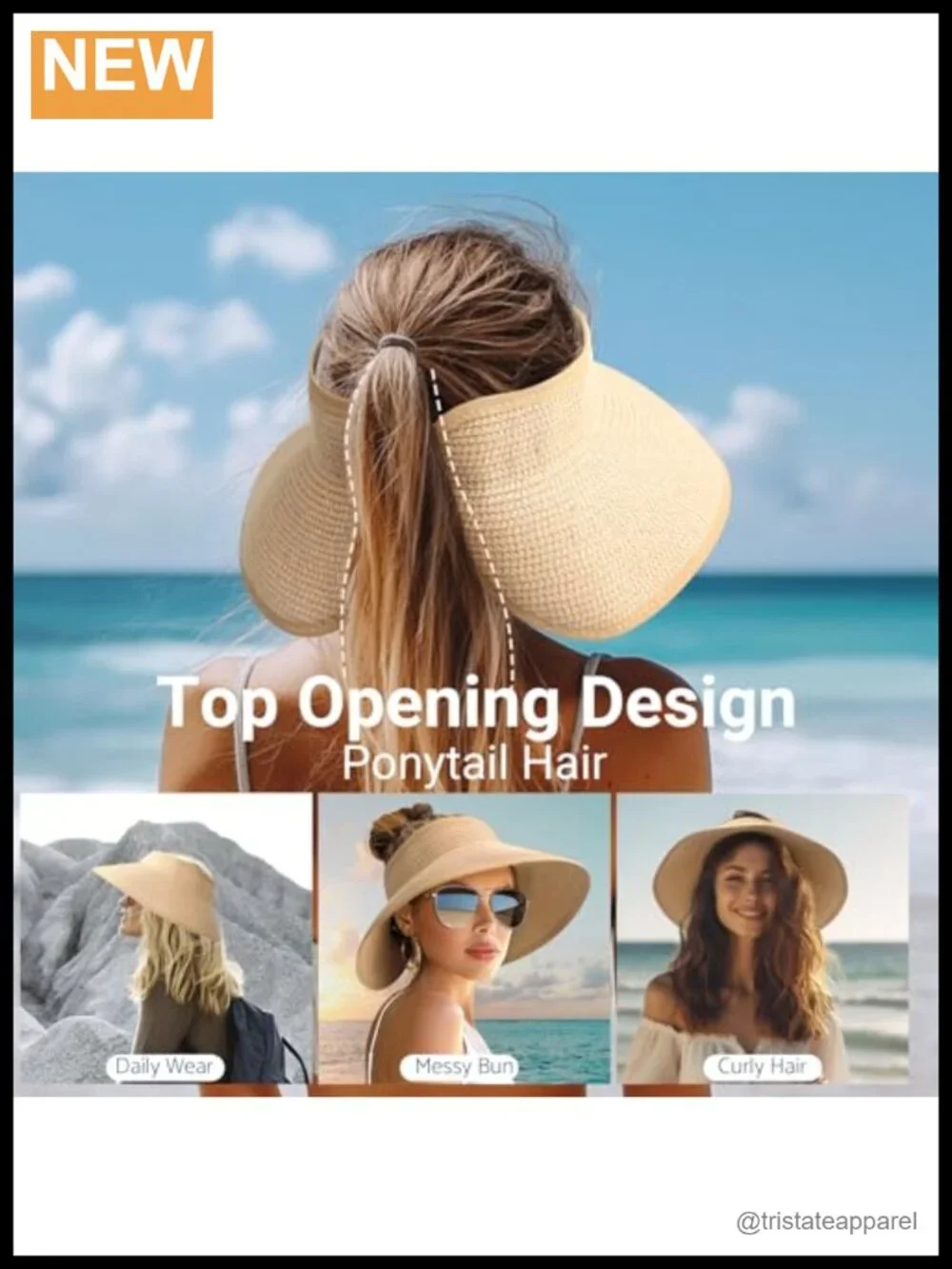 Wide Brim Straw Packable Ponytail Beach Sun Visor UPF 50+